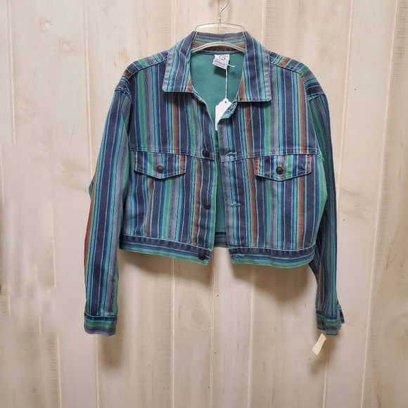 Vintage Denim Crop Striped Jacket Panels Button Down NWT Size L - Picture 2 of 16